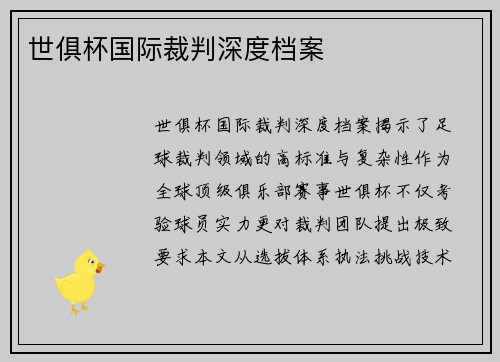 世俱杯国际裁判深度档案
