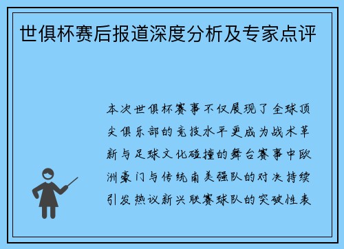 世俱杯赛后报道深度分析及专家点评