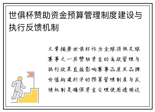 世俱杯赞助资金预算管理制度建设与执行反馈机制