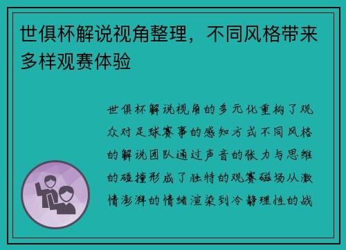 世俱杯解说视角整理，不同风格带来多样观赛体验